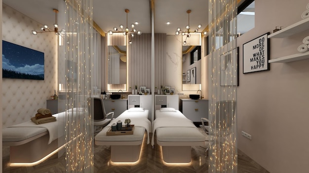 A massage room with a mirror on the wall