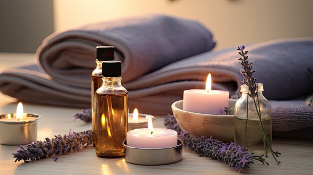 Photo massage spa bed towel with lavender essential oil