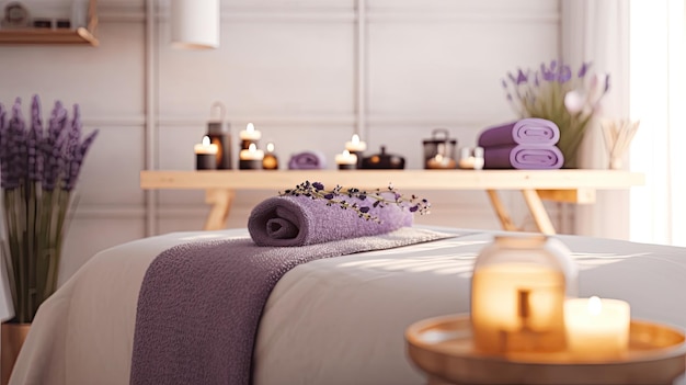 massage spa bed towel with lavender essential oil