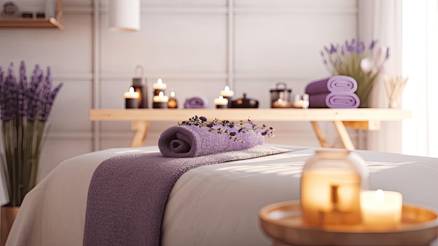 massage spa bed with lavender essential oil in the massage shop