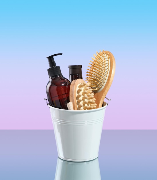 Massage and spa products A white bucket of gels for shower comb and a brush on mirror Ideal set to improve circulation and skin condition