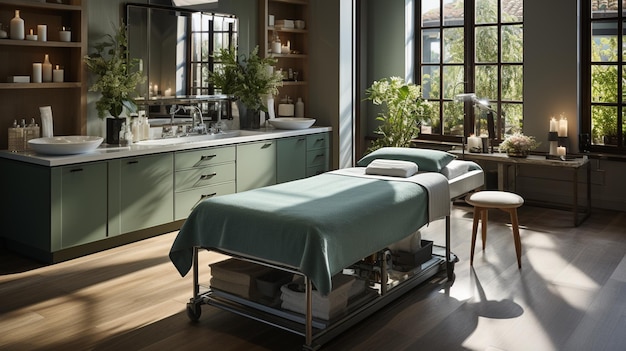 Massage table in modern spa salon