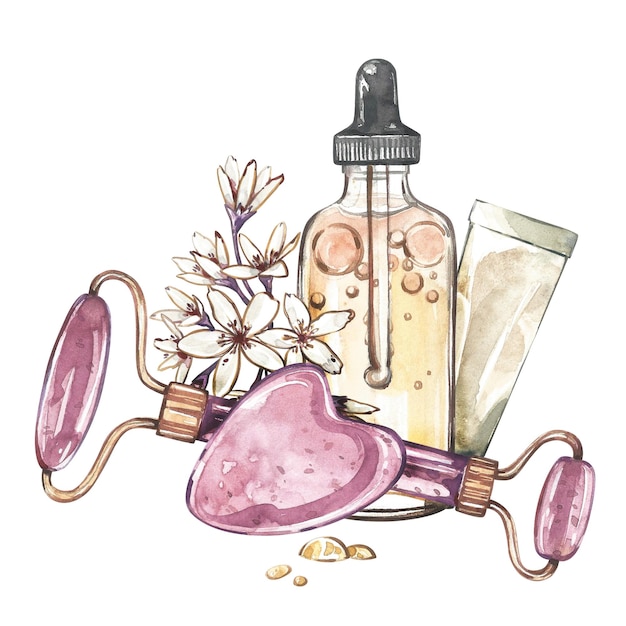 Massager roller gua sha oil skin care flowers isolated on white watercolor hand drawing illustration