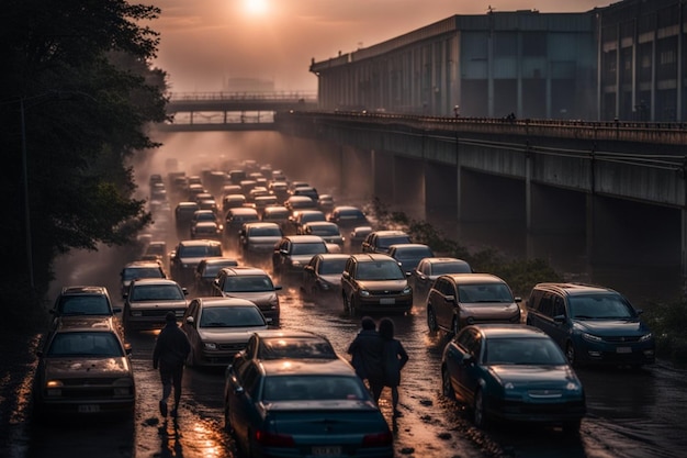 Massale overstromingen mensen rennen uit de stad regen verkeersopstoppingen apocalyptische illustratie