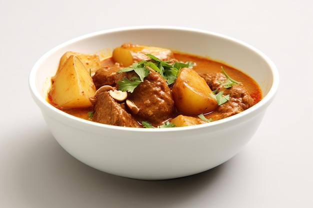 Massaman curry in een rustieke kom met specerijen, vlees en aardappelen in een traditionele Thaise keuken