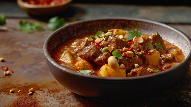 마사만 커리 (Massaman Curry) 는 고기 감자와 양파의 부드러운 조각으로 만들어진 풍부한 향이 있는 김이다.