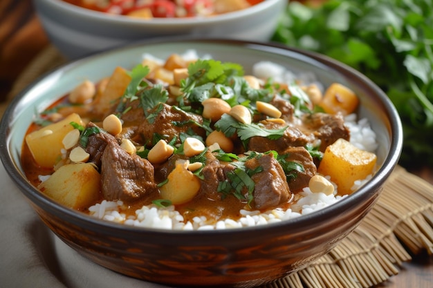 マサマンカレー 柔らかい牛肉のジャガイモとピーナッツで,完璧に沸騰した豊かなナッツカレー