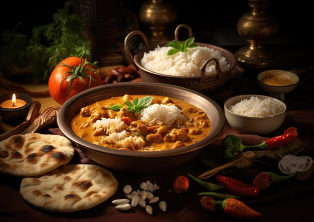 Photo a massaman curry served with a side of steamed rice and naan