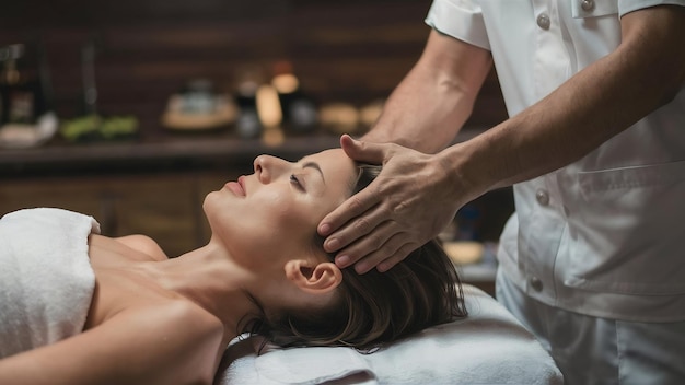 Masseur doing massage the head and hair for an woman in spa salon