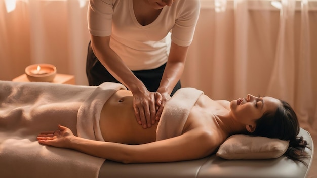 Masseuse performs professional abdominal massage for a woman