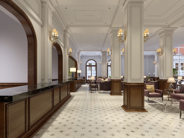 Massieve houten receptie in het elegante interieur van een luxehotel. 3D-rendering