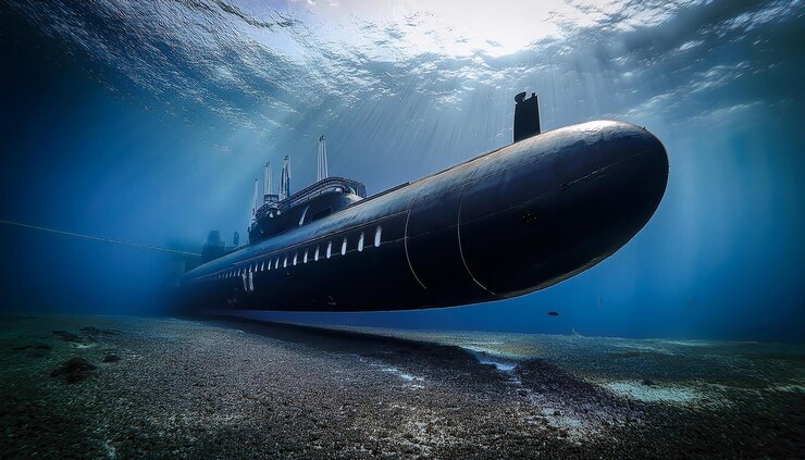 Photo massive black submarine mysterious underwater vessel oceanographic shipyard maritime military engine