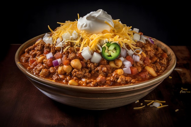 A massive bowl of chili loaded with beans