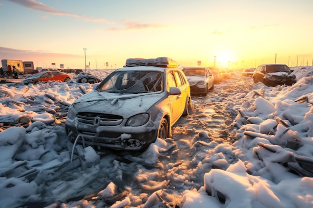 Массовая автомобильная авария на шоссе зимой во льду