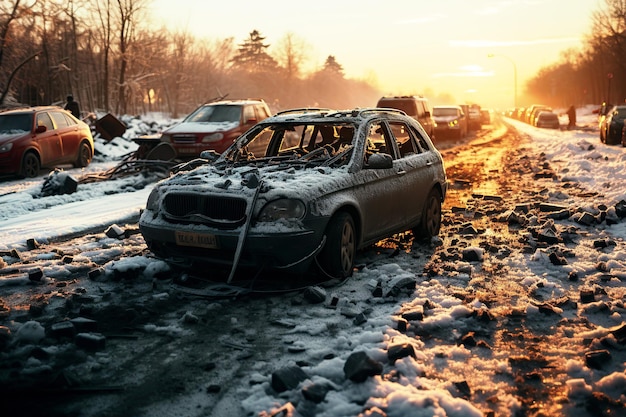 massive car accident on the highway in winter in ice