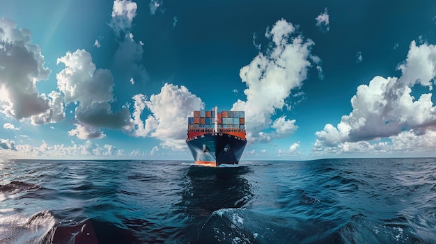 A massive cargo ship laden with containers navigates through the vast expanse of the open ocean