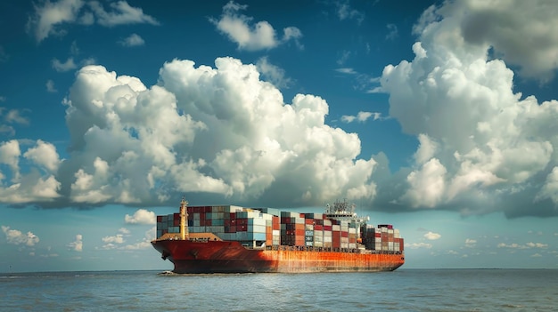 A massive cargo ship loaded with containers navigating through the open sea