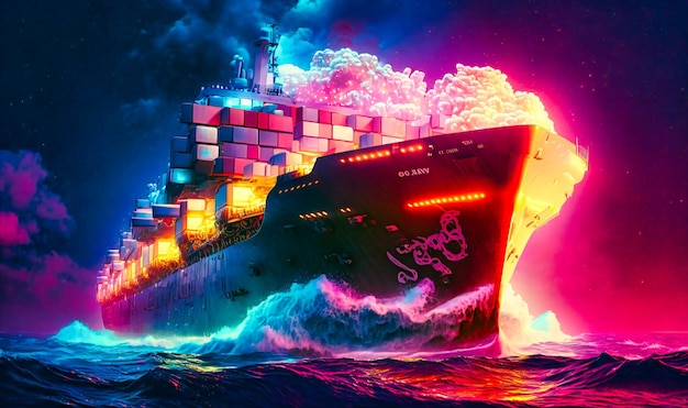 The massive cargo ship sliced through the ocean with ease its towering load of containers dwarfing the waves beneath