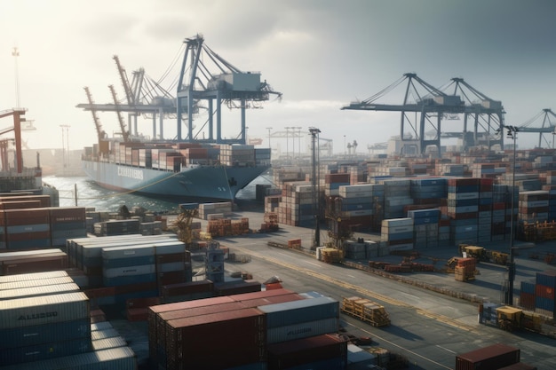 Massive cargo ship surrounded by containers at a busy port