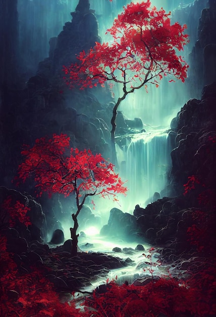 静かな水色の小石の小川に流れ込む大規模なカスケード滝赤い葉を持つ森sai によって生成された ART