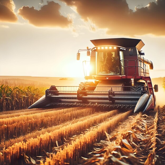 Massive Combine Harvesting Wheat Crop in Vast Agricultural Field with Golden Sunset Light