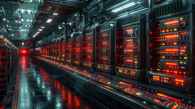 Foto un enorme data center pieno di file su file di server tutti dedicati all'esecuzione e all'analisi