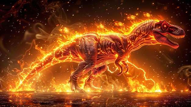 A massive dinosaur is on the move charging through a sky engulfed in flames