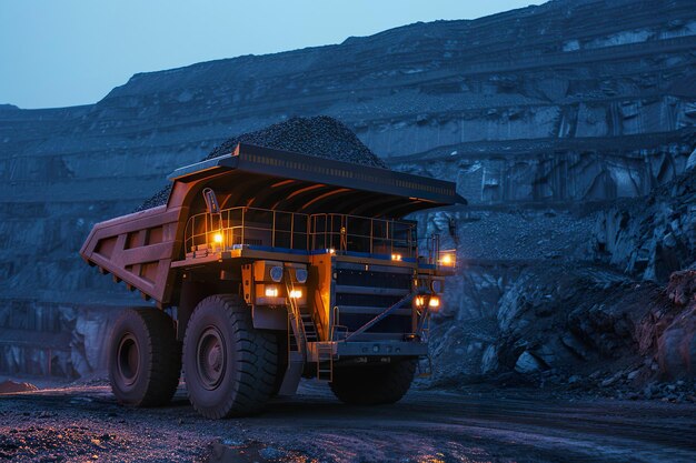 Massive dump truck transporting coal in a night mine setting