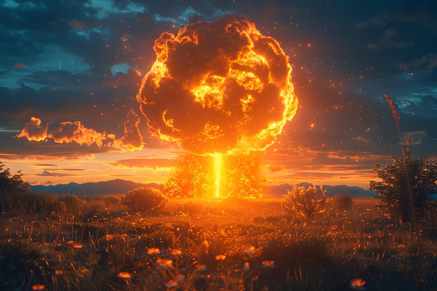 Photo massive explosion erupting from field