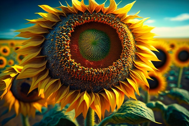 Massive fields of tall and cheerful sunflowers swaying in the summer breeze