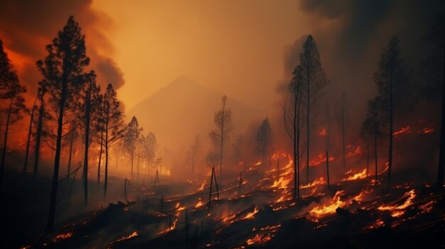 Massive forest fire catastrophic wildfire causing devastation in the woods and endangering wildlife