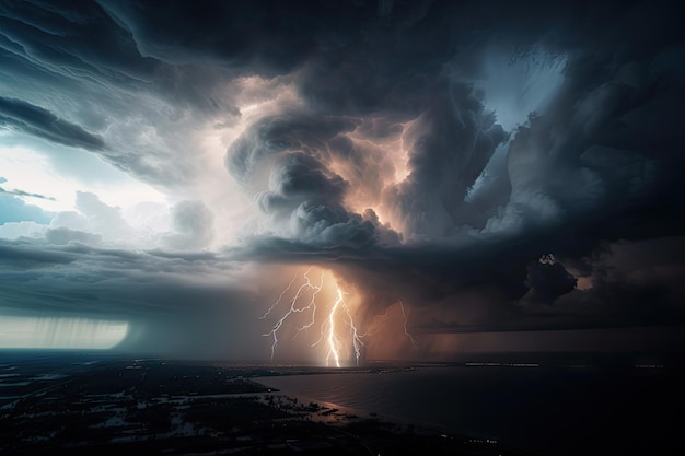 Massive hurricane with lightning and thunder ripping through the sky created with generative ai