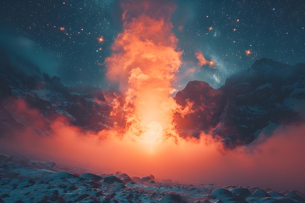 夜空で巨大な溶岩爆発
