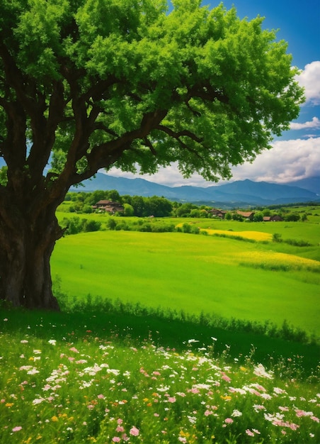 massive lush green field with clusters of flowers