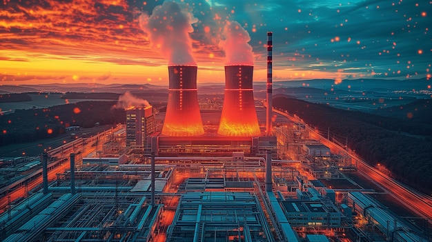 Огромная атомная электростанция излучает дым в небо, символизирующий промышленное производство энергии.
