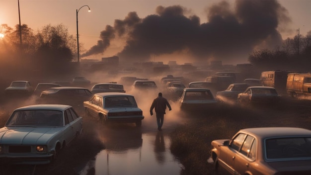 massive people jam escaping city fire explosion apocalyptical scene dystopian illustration