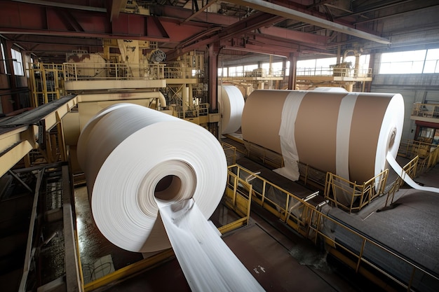 Photo massive pulp and paper machine churning out endless rolls of paper created with generative ai