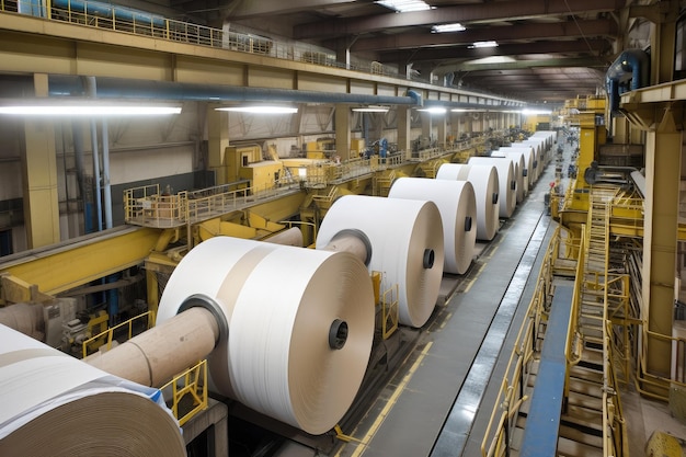 Massive pulp and paper machine churning out endless rolls of paper created with generative ai