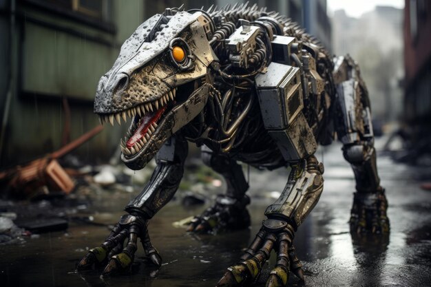 Массивный робот-динозавр городской уличной площади Generate Ai