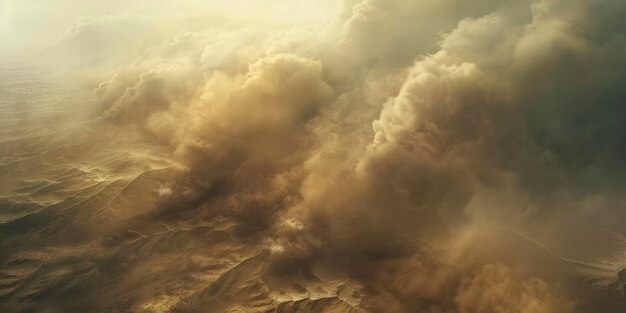 A massive sandstorm with dark clouds and swirling dust filling the sky over an desert