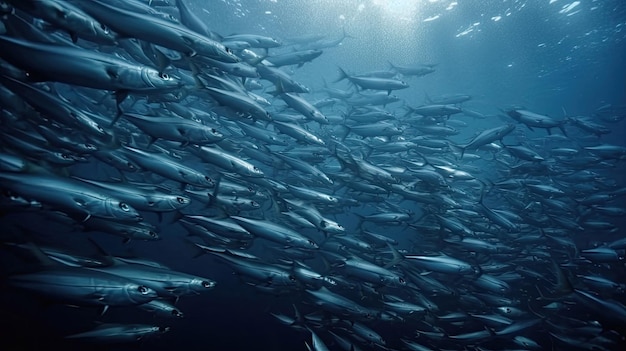 A massive school of huge barracuda circle the dive in ocean with Generative AI Technology