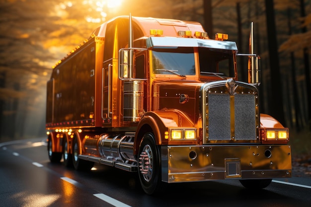 A massive semitrailer truck is roaring down the highway its shiny metallic body reflecting the sunlight soft focus photography