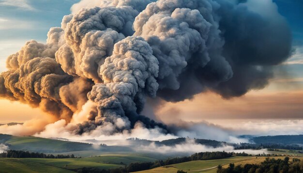 Foto massive nuvole di fumo che si alzano contro il cielo raffigurano il pericolo ambientale e la crisi dell'inquinamento