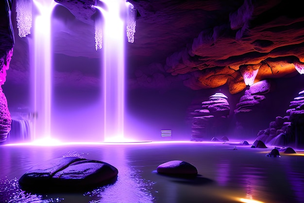 Massive spa in a wet cave, waterfall, purple lighting