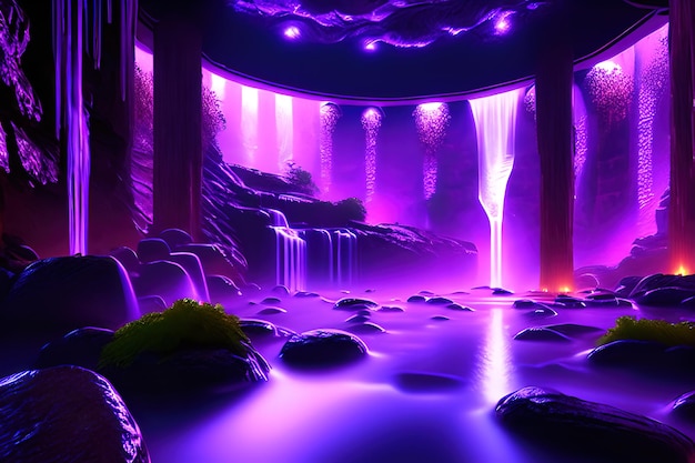 Massive spa in a wet cave, waterfall, purple lighting