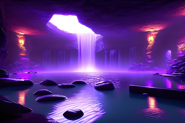 Massive spa in a wet cave, waterfall, purple lighting