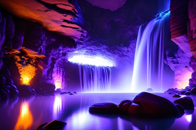 Massive spa in a wet cave, waterfall, purple lighting