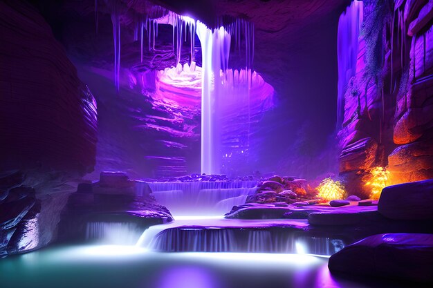 湿った洞窟、滝、紫色の照明の巨大なスパ