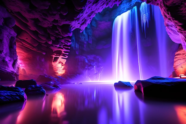 Massive spa in a wet cave, waterfall, purple lighting