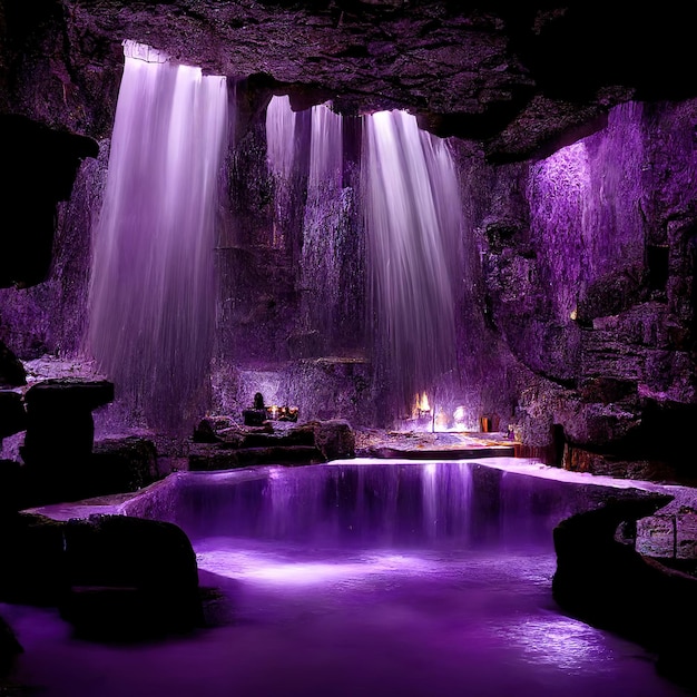 massive spa in a wet cave, waterfall, purple lighting